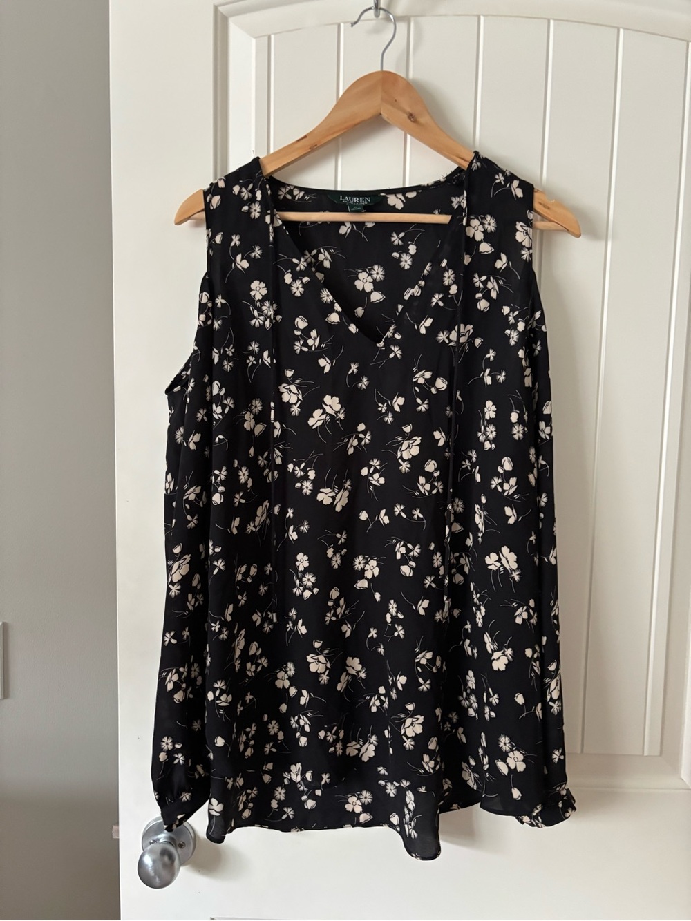 Lauren Ralph Lauren Floral Cold Shoulder Blouse Black Cream XL - Picture 1 of 6